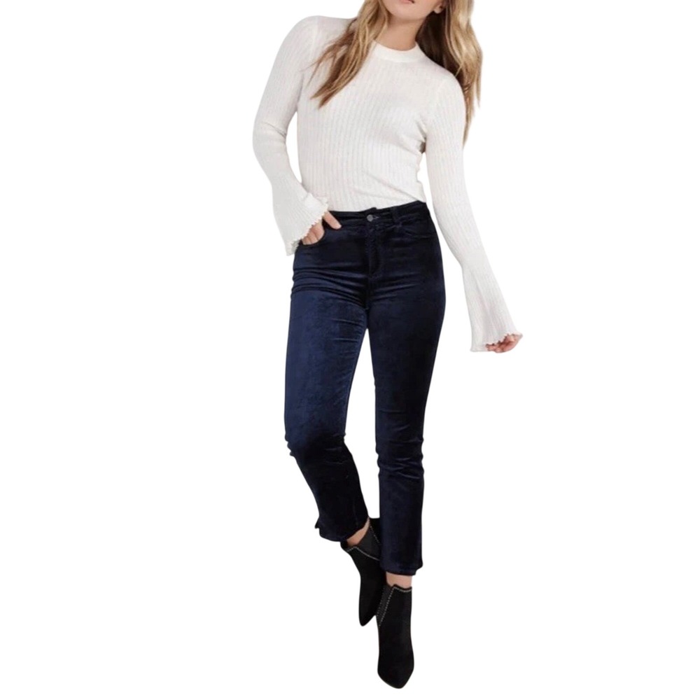 Paige Cindy Navy Blue Velvet Straight Leg Cropped Pants Size 34 High Rise Chic